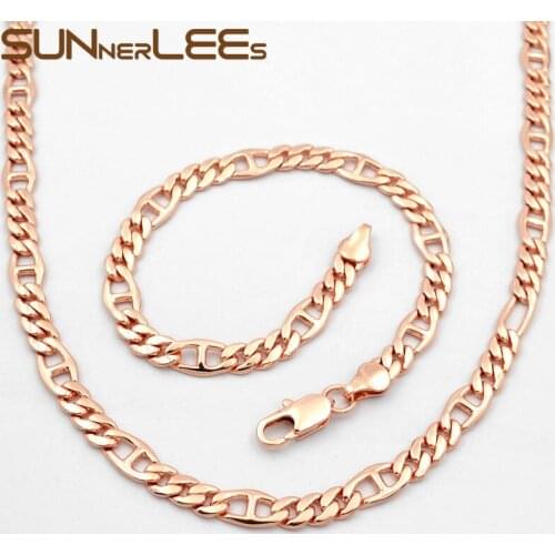 SUNNERLEES Fashion Jewelry Rose Gold Color Necklace Bracelet Set 6mm Figaro Link Chain For Mens Womens Gift C31 S