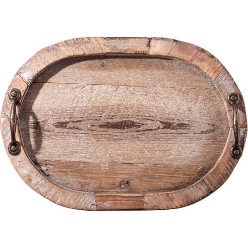 Beautiful farmhouse handmade nature old wood tray with copper handles
