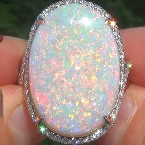 Milangirl Large Oval Fire Opal Ring Fashion Jewelry White Moonstone Bright Color Rings for Women Wedding Engagement Ring