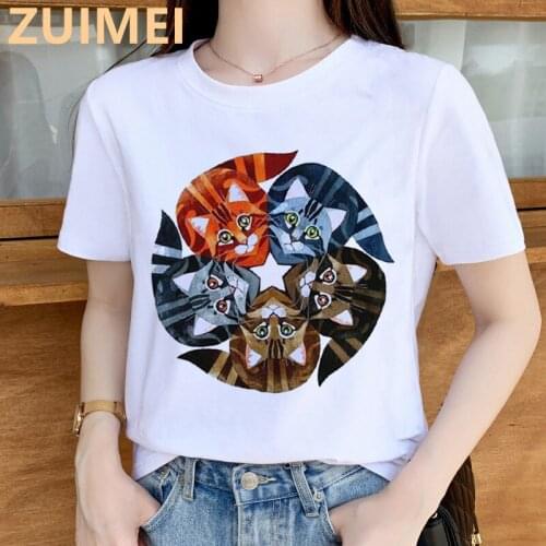 Fashion Cat Animal Cartoon Print Goth Harajuku Top Women Tshirt Casual Ladies Basic O-collar Short Sleeved Tshirt Girl,Drop Ship