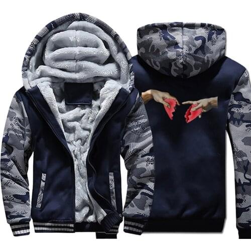 Michelangelo Heart Break Vintage Print Men Hoodies 2019 Winter Casual Camouflage Hoodies Warm Fleece Mens Fashion Zipper Jackets