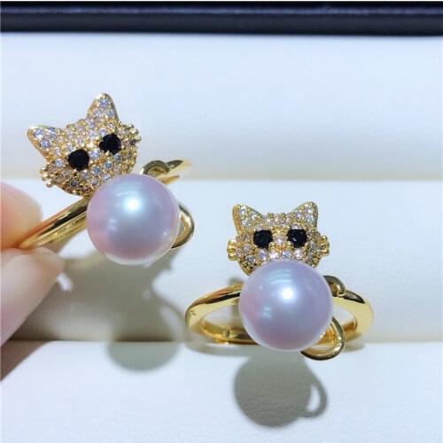 Lovely Cat Ring Mountings Base Findings Adjustable Ring Jewelry Setting Parts Fittings for Akoya Edison Pearls Jade Coral Beads