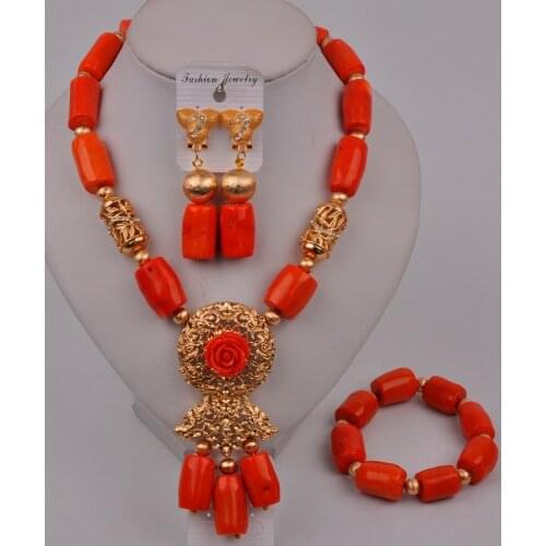 Orange Nigerian Coral Beads African Jewelry Set 2-18-D2
