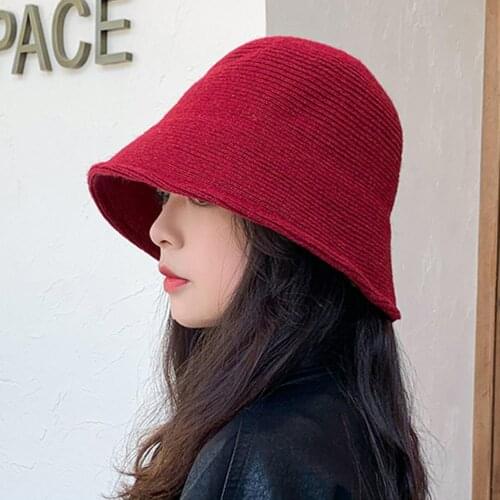 Women Solid Color Wool Bucket Hat Drawstring Fisherman Vintage Knitted Basin Cap