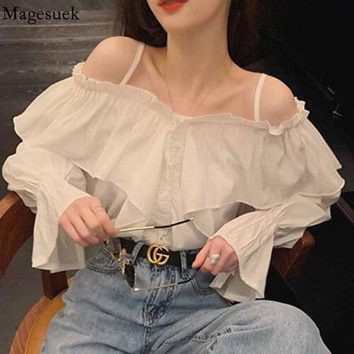 Sexy One-shoulder Sling Blouse Women Autumn Fashion Elegant Ruffle Blouse Women Pleated Shirt White Long Sleeve Top Blusas 16412