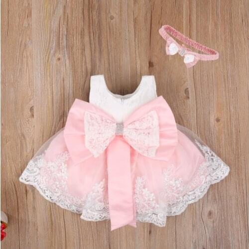 Baby Girls Dress with Hairband, Sleeveless Floral Lace Back Big Bow Round Neck Dress, Multi-Layer Mesh TuTu Style Back Zip Dress