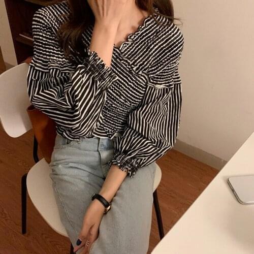 Deeptown Striped Print Shirt for Women Elegant Lantern Sleeve Harajuku Korean 2021 Fashion Slim Beautiful Blouses Office Ladies