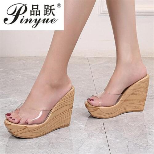 Women sandals summer new wedge heels high wooden grain waterproof platform fish mouth womens shoes transpar