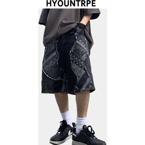 Fashion Patchwork Paisley Hip Hop Half Length Shorts Streetwear Harajuku Short Jogger Denim Jeans Short Pants Summer Mens Shorts
