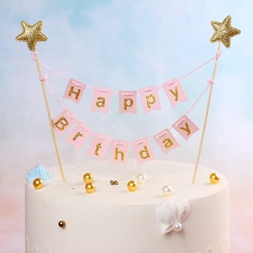 Happy Birthday Cake Topper Birthday cake decoration pull flag bright pink pentacle letters HB banner cake decoration plug-in car