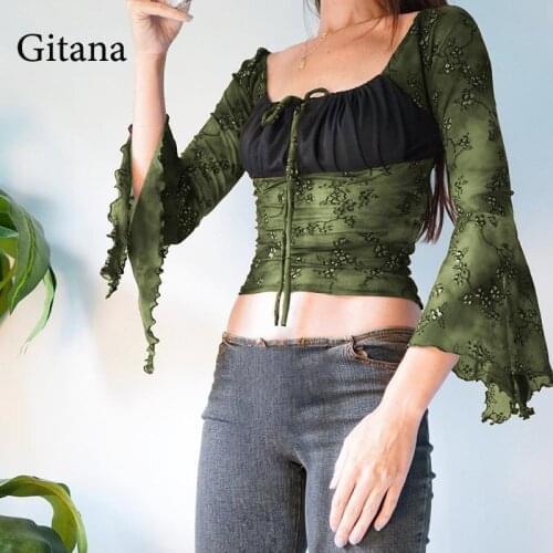 Gitana Autumn Y2K Vintage Print Flared Sleeve T Shirts Women Square Neck Lace Up Cropped Tops Female Clothing Bandage Tee