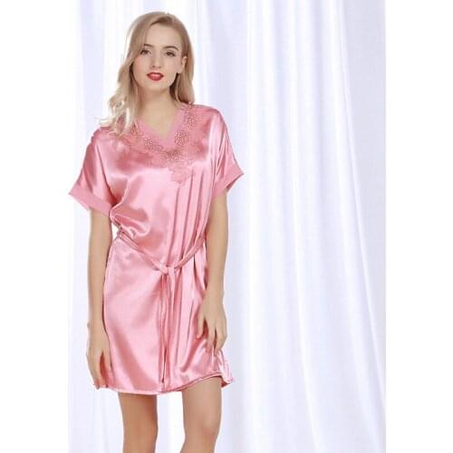 Women Short Lace Sexy Nightwear Satin Silk Sleepwear Short Sleeve Sleepshirts Pink Nightdress Lingerie Night Wear Dress Gown