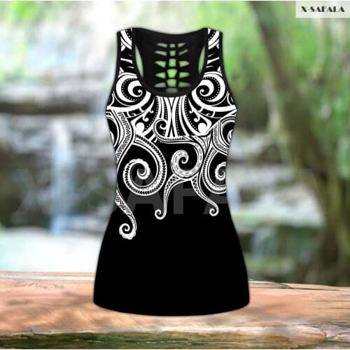 Polynesian Octopus Hawaii 3D Printed Women Yoga Set Combo Hollow Out Tank Top Legging F40 Vest High Waist Gym Sport Elastic