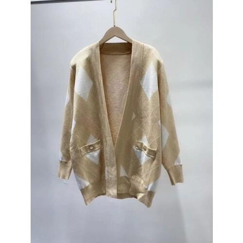 2021 Autumn Winter Women Argyle Knitted Cardigan Ladies Long Sleeve Sweater Coat Femme Knitwear Tops with Shoulder Pads