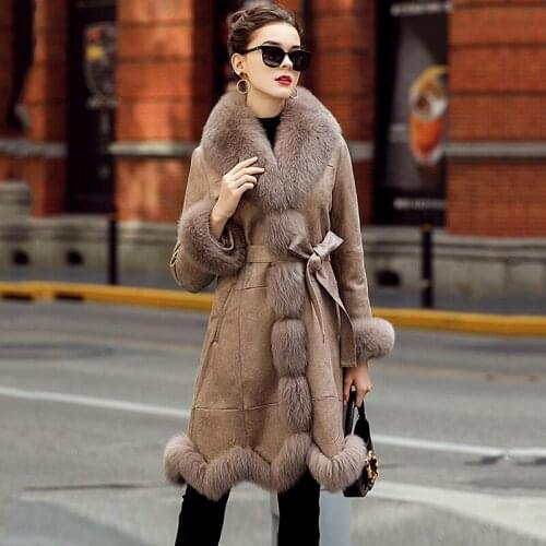 Womens Coats Natural Fur Genuine Rabbit Skin and Fur Female Real Leather Jacket with Fox Fur Collar Long Winter