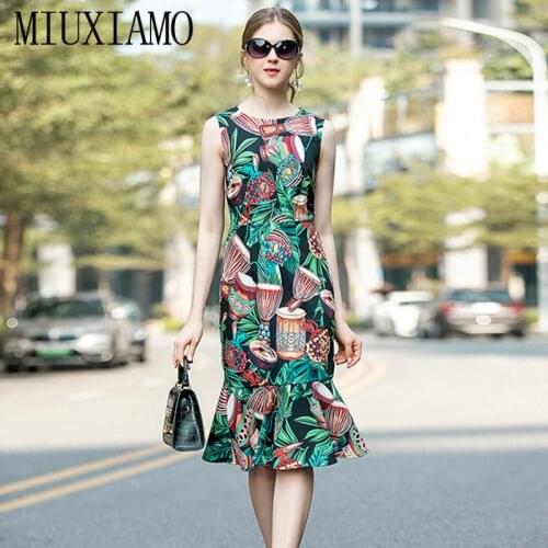 MIUXIMAO High Quality 2020 Runway Designer Spring Dress Drum Leaf Print Elegant Casual beach dress Fishtail Dress Women vestidos