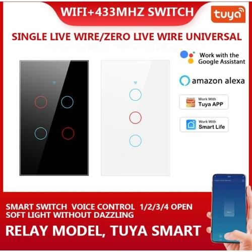 1/2/3/4 Gang Tuya WiFi+433MHZ Smart Touch Switch Home Light Wall Button Support Alexa And Google Home US Standard Smart Switch
