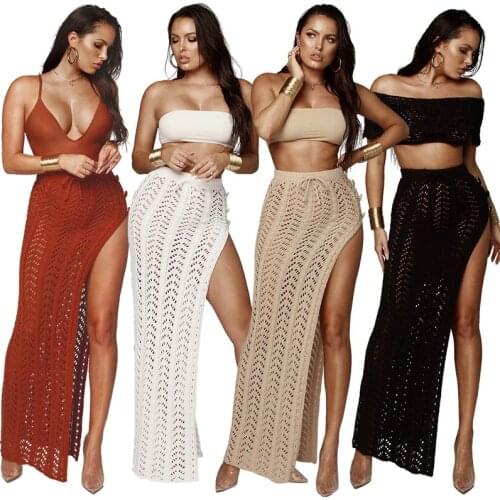 2020 Bikini Cover-ups Bohemian Dress Knitted Spilt Beach Long Skirts Summer Sexy Hollow Out Skirts Tunic Women Swimsuit Cover Up