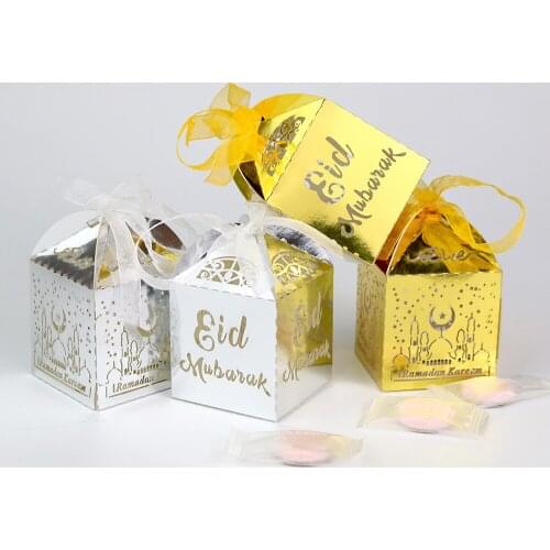 50pcs Gold Siver Ramadan Eid Mubarak candy Box Islamic Muslim Gifts box Mubarak Eid al-firt Decorations Supplies Kids Favors
