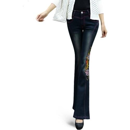 Embroidery jeans new autumn and spring plus size cotton female women girls brand high waist flare pants clothing