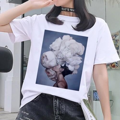 Summer 2020 harajuku white Tshirt vintage sexy Flowers Feather Print T shirt gothic o-neck casual Tops tees aesthetic clothes
