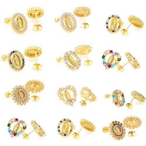 Hot Sale 10 Styles Classic Virgin Mary Round Oval Heart Stud Earrings For Women Copper Zircon Micro Pave CZ Gold Filled Jewelry