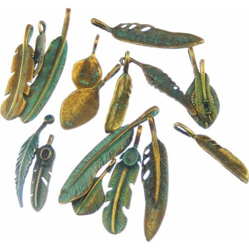 Julie Wang 14PCS Antique Bronze Leaf Charm Vintage Pendant Mixed Bracelet Jewelry Making Crafts DIY Accessory