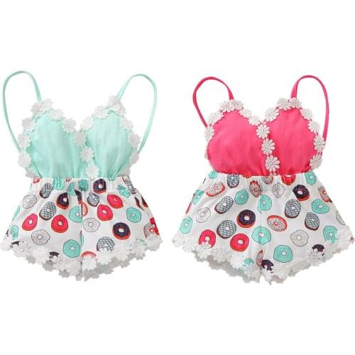 Summer Baby Sleeveless Rompers Lovely Doughnut Print Flower Trim Spaghetti Straps V-Neck Jumpsuits 0-3 Years Toddler Clothes