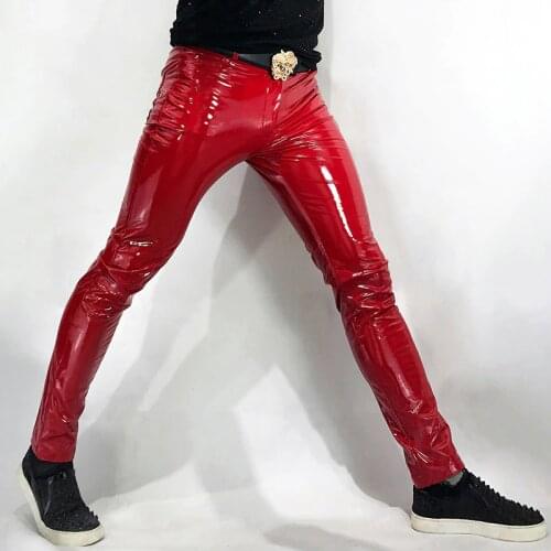 M-6XL! Plus-size leather trousers for men Red super bright tight mirror leather pants elastic PU pants for male model ds show