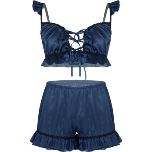 Men Sexy Nightwear Satin Lingerie Set Pajama Set Sissy Nightwear Sleepwear Lace-up Front Ruffled Bra Tops with Shorts for Male