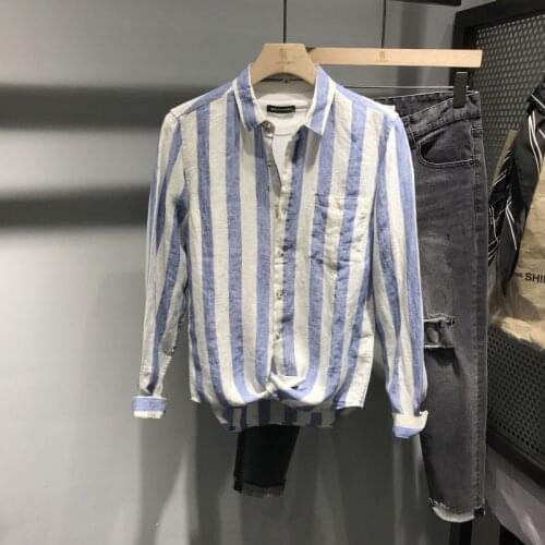 Autumn new mens Japanese trend striped long-sleeved shirt Joker fashion loose long-sleeved shirt mens tide