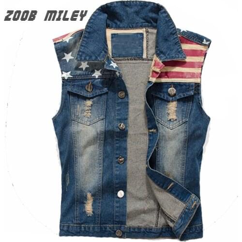 New Mens Denim Vest Vintage Frayed Cowboy Jeans Waistcoat Fashion Sleeveless Jackets Star Flag Printed Tanks Plus Size M-3XL