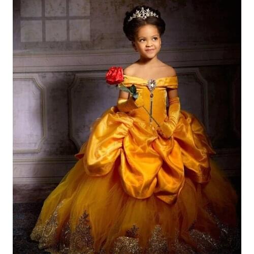 Charming A Line Yellow Flower Girls Dresses Off the Shoulder Appliques Beaded Little Girls Birthday Dress Cheap Communion Gown