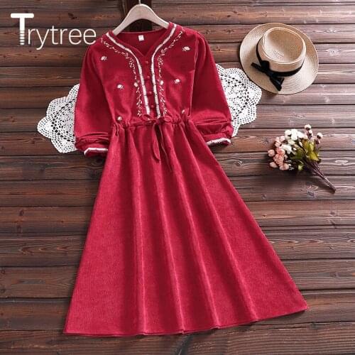 Trytree 2020 Autumn Winter Casual Womens Dress Corduroy V-Neck Embroidery Floral Drawstring Belt A-line Hem Solid Sweet Dress