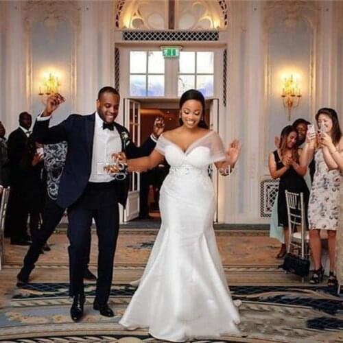 Off Shoulder Mermaid Wedding Dresses Pleated Tulle Applique Lace Satin African Wedding Dress Plus Size Bridal Gowns Vestido