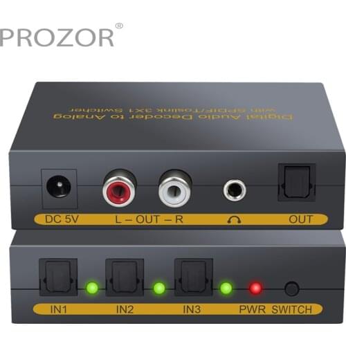 Proster 3 Port Optical SPDIF Toslink to L/R RCA 3.5mm Stereo Audio with Optical Switcher Digital to Analog Audio Decoder Adaptor