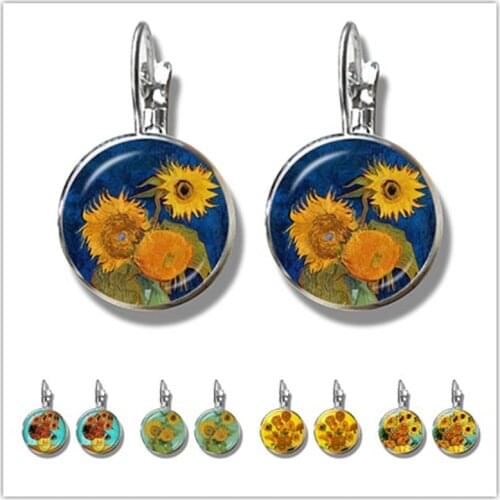 Retro Van Gogh Art Starry Night Sunflower Stud Earrings 16mm Glass Cabochon Dome Silver-plated Earrings Jewelry For Women Girls