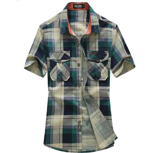 Brand Plaid Cotton Shirt Men Casual Short Sleeve Army Military Loose Breathable Mens Shirts Plus Size S-4XL Camisa masculina