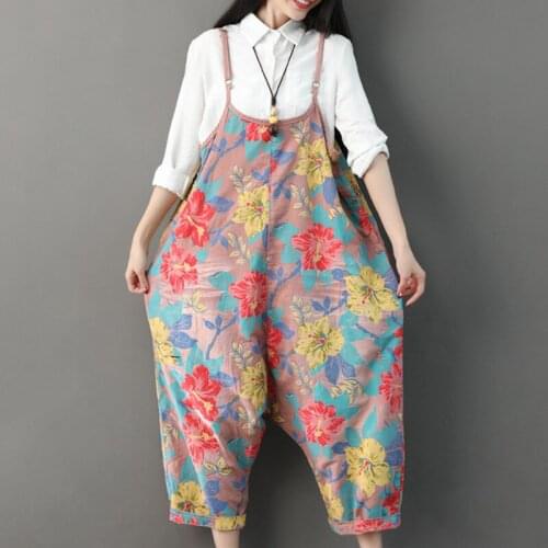 Spring Rompers girl summer washed old jeans sweet floral printed womens casual jumpsuits overalls baggy bib pants