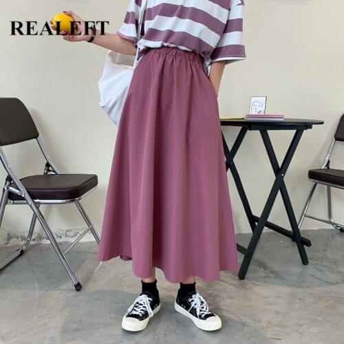 REALEFT 2021 New Autumn Umbrella Womens Skirts Fashionable High Waist Solid Color Elegant A-Line Female Casual Midi Skirts Lady
