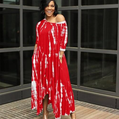 Ladies Spring and Autumn New Solid Color Long Skirt DressFemale Casual Loose Beach Pockets Tie-Dye Split Wide Neck 3/4 Sleeve