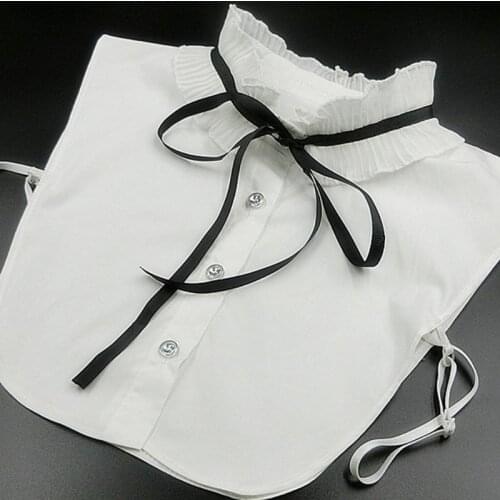 Ladies Pleated Ruffles Fake Stand Collar Lace-up Bowtie Detachable Half-Shirt 649C