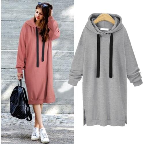 2020 Autumn Winter Women Hoodies Casual Side Split Long Sleeve Slim PlusPullover Long Drawstring Hoodie Thick Sweatshirt Dress
