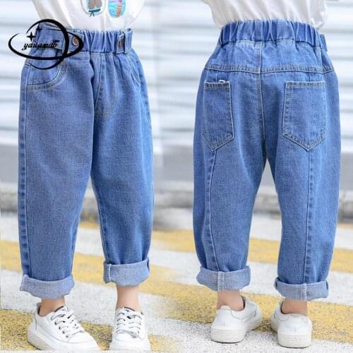 3-9y Kids Jeans Autumn Spring Girls Trousers Clothing Casual Elastic Waist Loose Solid Childrens Clothes Y27
