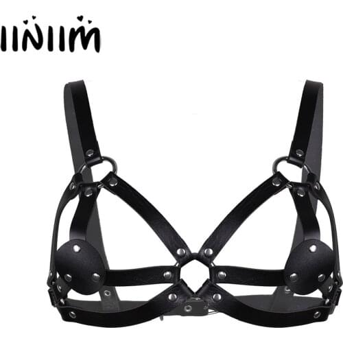 Iiniim Womens Femme Leather Exotic Bra Tops Bust Harness Belt O-Rings Sexy body latex Costumes Lingerie Night parties Clubwear