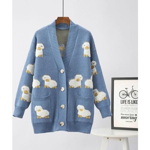 Autumn Female Knitted Cardigan Streetwear Loose Casual V-neck Cartoon Embroidery Women Single-breasted Long Sleeve Knitwear Coat