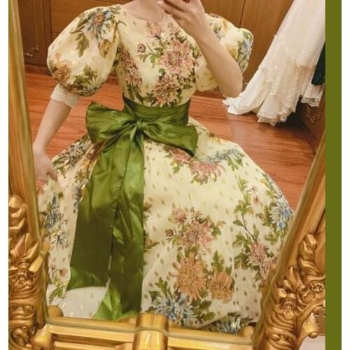 Spring And Women Summer 2021 New Classic Vintage Gold Stamping Printing Tie Bow Loose Dress Swing Skirt Vfemage Vestido Oodji