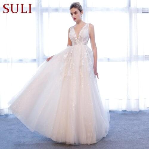 SL-168 A-Line V Neck Lace Beads Beach Sexy Wedding Dress 2018