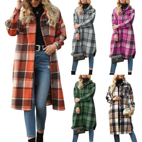 Women Spring Autumn Casual Long-sleeved Coat Fashion Color Contrast Plaid Single-breasted Mid-length Jacket for Daily Wear