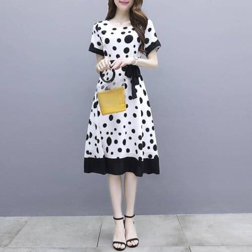 2021 Summer Women Dress Korean Fashion O Neck Vintage Midi Dress A Line Sashes Plus Size Polka Dot Party Dress M-3XL